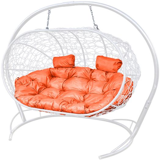 МГПДЛ-11-07 Подвесной диван ЛЕЖЕБОКА с ротангом белый, оранжевая подушка