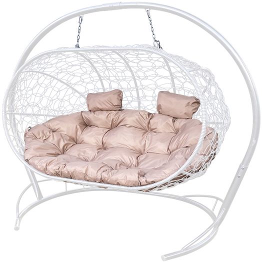 МГПДЛ-11-01 Подвесной диван ЛЕЖЕБОКА с ротангом белый, бежевая подушка