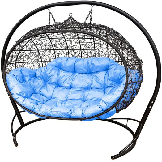 МГПДУ-14-03 Подвесной диван УЛЕЙ с ротангом чёрный, голубая подушка