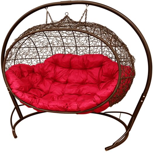 МГПДУ-12-06 Подвесной диван УЛЕЙ с ротангом коричневый, красная подушка