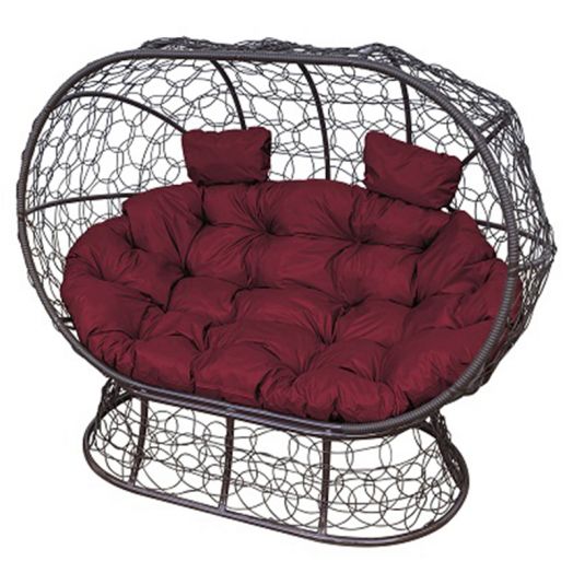 МГОДЛ-12-02 Диван ЛЕЖЕБОКА на подставке с ротангом коричневый, бордовая подушка