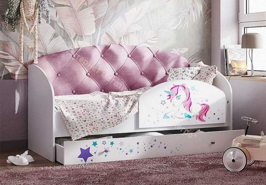 Кровать Звездочка, белый/рисунок единорог/розовый с пуговицами