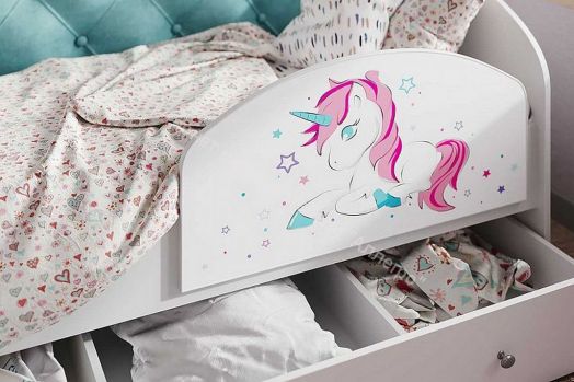Кровать Звездочка, белый/рисунок единорог/розовый со стразами