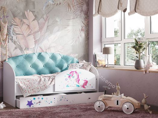 Кровать Звездочка, белый/рисунок единорог/бирюзовый с пуговицами