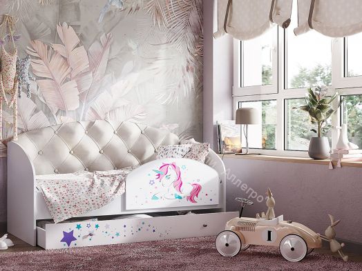 Кровать Звездочка, белый/рисунок единорог/кофе с молоком с пуговицами