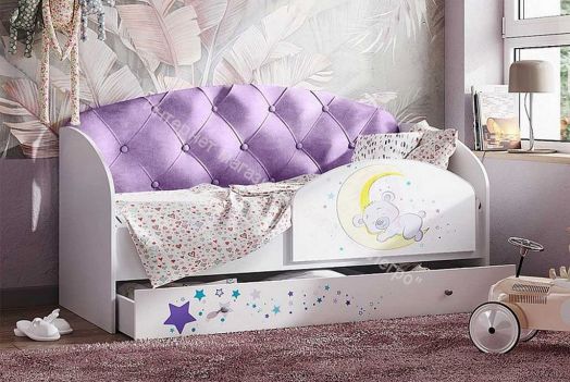 Кровать Звездочка, белый/рисунок медвежонок/фиолетовый с пуговицами