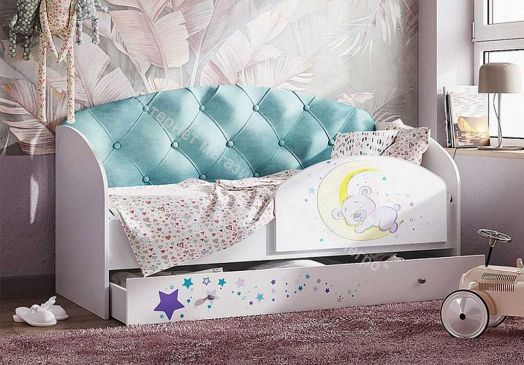 Кровать Звездочка, белый/рисунок медвежонок/бирюзовый с пуговицами