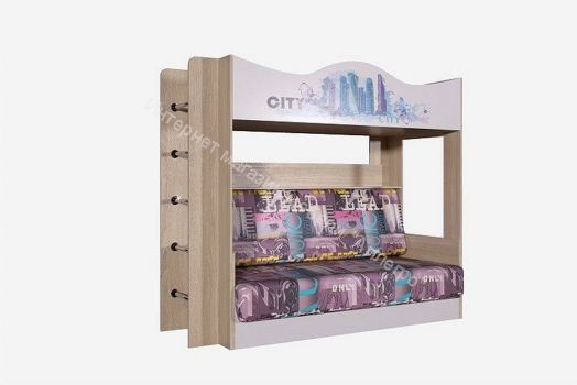 Кровать Сити двухъярусная с диваном, дуб сонома/белый/фиолетовый