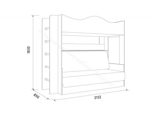 Кровать Сити двухъярусная с диваном, дуб сонома/белый/фиолетовый