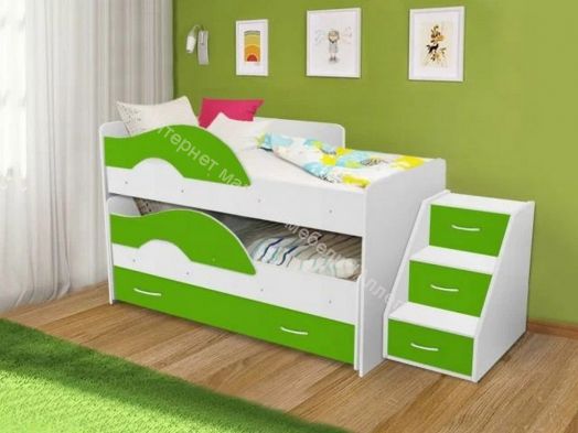 Кровать выкатная "Радуга" (Матрешка) 0,8х1,6м на щитах с ящиком и лесенкой Белый, Лайм