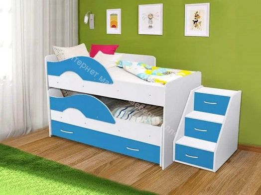 Кровать 2-х ярусная выкатная "Радуга" (Матрешка) 0,8х1,6м на щитах с ящиком и лесенкой Белый, Синий