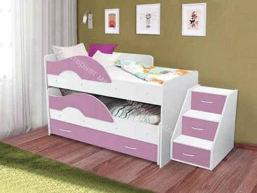 Кровать 2-х ярусная выкатная "Радуга" (Матрешка) 0,8х1,6м на щитах с ящиком и лесенкой Белый, Ирис