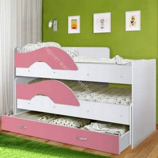 Кровать 2-х ярусная выкатная "Радуга" (Матрешка) 80х160 без ящика Белый, Розовый