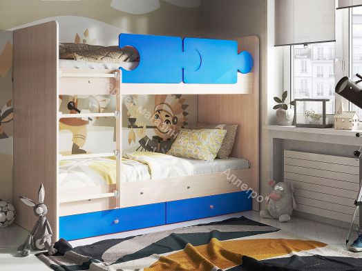Кровать двухъярусная "Тетрис" 1900*800 на щитах млечный дуб/синий