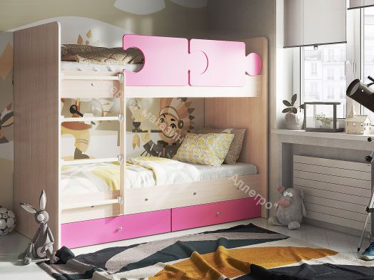 Ящики для кроватей "Мозаика", "Тетрис", "Мая", "Умка", "Сафари" (2 шт. в комплекте), Млечный дуб/Розовый