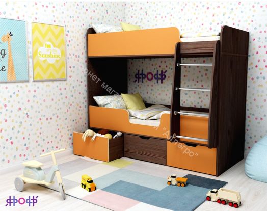 Кровать двухъярусная Малыш Двойняшка 70*160, бодего темный/оранжевый