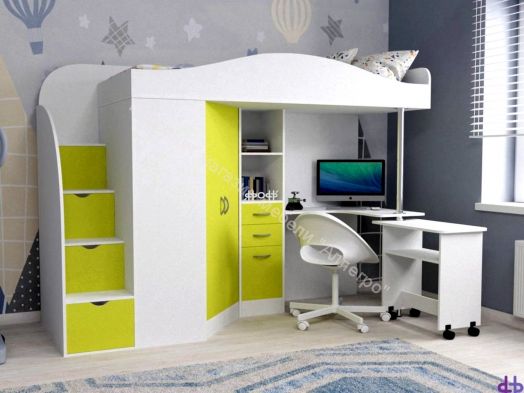 Кровать-чердак Юниор-4 80*190, белое дерево/лайм