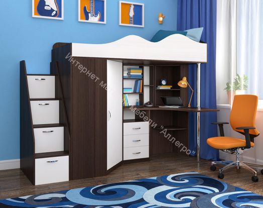 Кровать-чердак Пионер-1 0,8*1,9 м, Бодего темный/Белое дерево