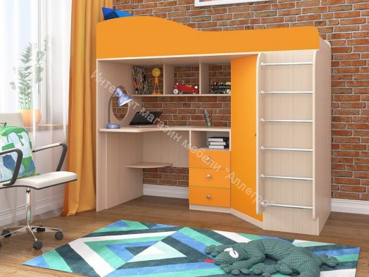 Кровать-чердак Кадет-1 08*1,9 м с металлической лестницей, Дуб молочный/Оранжевый