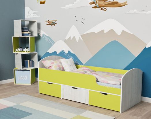 Кровать Малыш Мини 0,7*1,6 м с бортиком и 3-мя выкатными ящиками, Винтерберг/Лайм