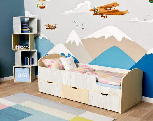 Кровать Малыш Мини 0,7*1,6 м с бортиком и 3-мя выкатными ящиками, Дуб молочный / Винтерберг