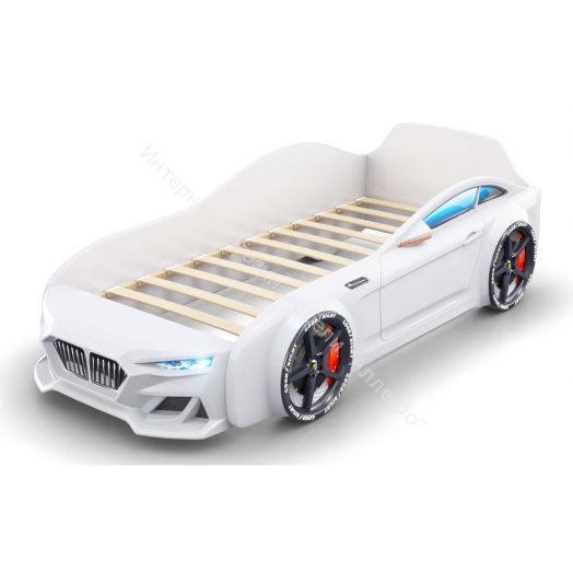 Кровать-машинка Romack Dynamic ламели+Подсветка фар+Объёмный капот Белая