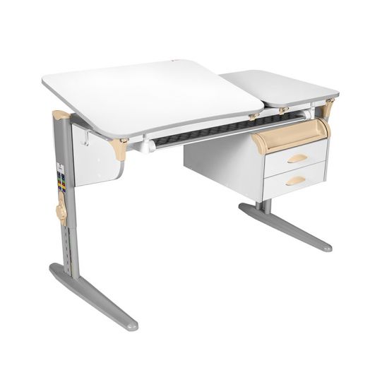 ДСУТ45-1-1 Растущий стол с лотком и тумбой одноместный (ЛДСП белый, опора серый)