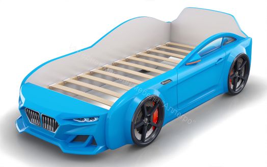 Кровать-машинка Romack Dynamic ламели+Подсветка фар+Объёмный капот Голубая