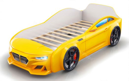 Кровать-машинка Romack Dynamic ламели+Подсветка фар+Объёмный капот Жёлтая