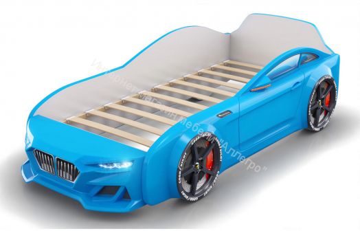 Кровать-машинка Romack Dynamic ламели+Подсветка фар+Объёмный капот Голубая