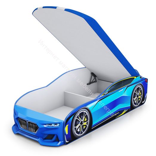 Кровать-машинка Romack Boxter New 170*70 см с подъёмным механизмом + Подсветка фар + Объёмный бампер, Голубой