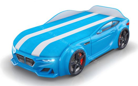 Кровать-Машинка Baby-M 150*70 см с П/М + подсветка фар + ящик + Орто Матрас, голубая