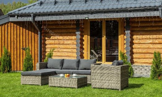 Комплект GRAND VICKY (диван + пуф + кресло + стол со стеклом) с подушками, ротанг искусственный, Серый