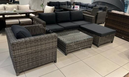 Комплект GRAND VICKY (диван + пуф + кресло + стол со стеклом) с подушками, ротанг искусственный, Серый