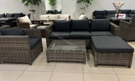 Комплект GRAND VICKY (диван + пуф + кресло + стол со стеклом) с подушками, ротанг искусственный, Серый