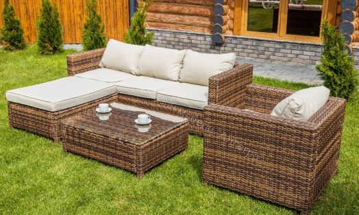 Комплект GRAND VICKY (диван + пуф + кресло + стол со стеклом) с подушками, ротанг искусственный, Коричневый