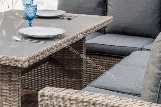 Комплект ZORRO (диваны + пуфы + стол со стеклом) с подушками, ротанг искусственный, Серый