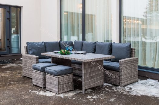 Комплект ZORRO (диваны + пуфы + стол со стеклом) с подушками, ротанг искусственный, Серый