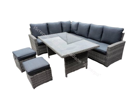 Комплект ZORRO (диваны + пуфы + стол со стеклом) с подушками, ротанг искусственный, Серый