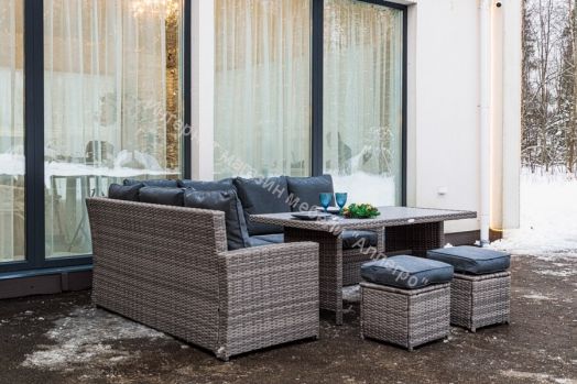 Комплект ZORRO (диваны + пуфы + стол со стеклом) с подушками, ротанг искусственный, Серый