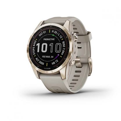 Умные часы Garmin FENIX 7S Sapphire Solar титановый кремово-золотой с светло-песочным силиконовым ремешком