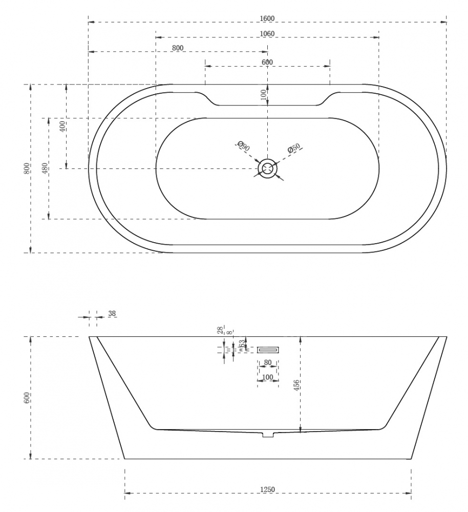 Ванна акриловая ABBER AB9299-1.6 160х80 схема 2