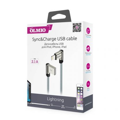 Кабель Olmio Lightning USB 2.0 угловой в тканевой оплетке, 1м