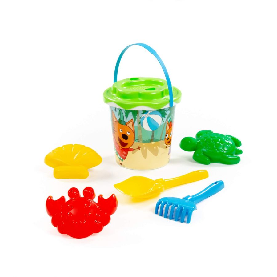 Песочный набор "Три кота и море приключений" №5: Ведро с наклейкой, ситечко "Солнышко", лопатка №5, грабельки №5, формочки (ракушка №2 + краб №2 + чер