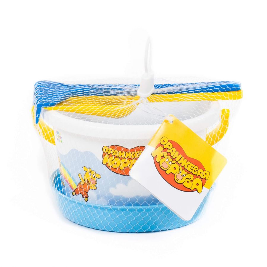 Набор "Оранжевая корова" №3: ведро среднее с наклейкой, ситечко, лопатка, грабельки, формочка (самолёт)