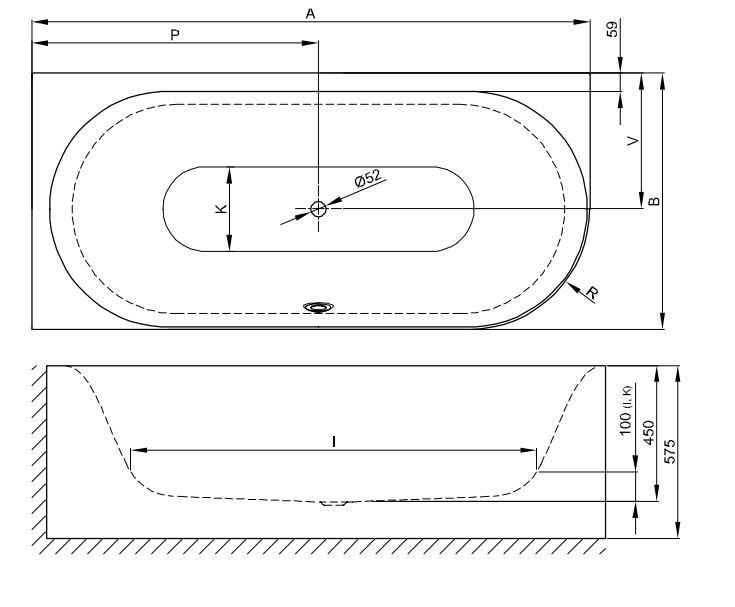 Овальная ванна углового монтажа Bette Lux Oval IV Silhouette 3426 CERVS левая 185х85 схема 3