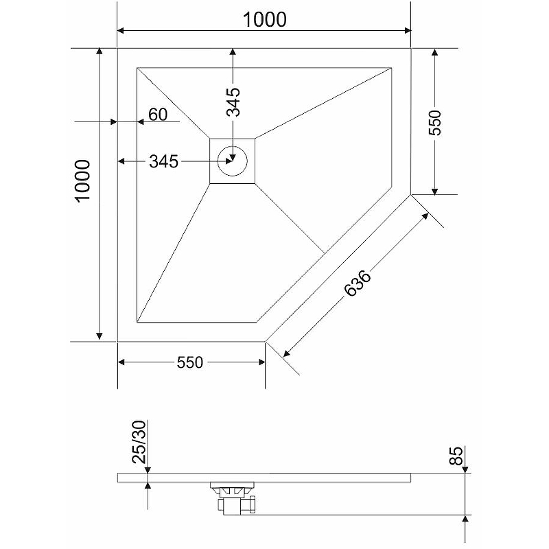 Душевой поддон из искусственного камня RGW Stone Tray ST/T 100x100 16155100 схема 3