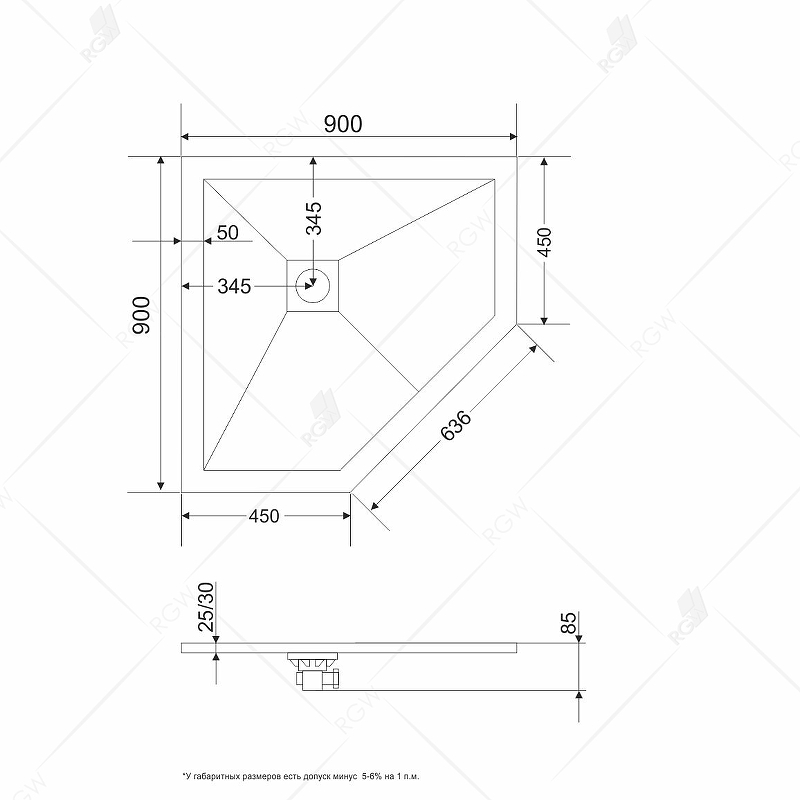 Душевой поддон из искусственного камня RGW Stone Tray ST/T-G 90х90 16155099-01 схема 2