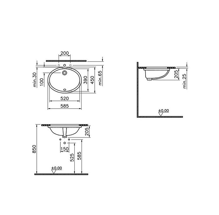 Врезная раковина для ванной комнаты VITRA S20 59х45 см 6069B003-0012 схема 4