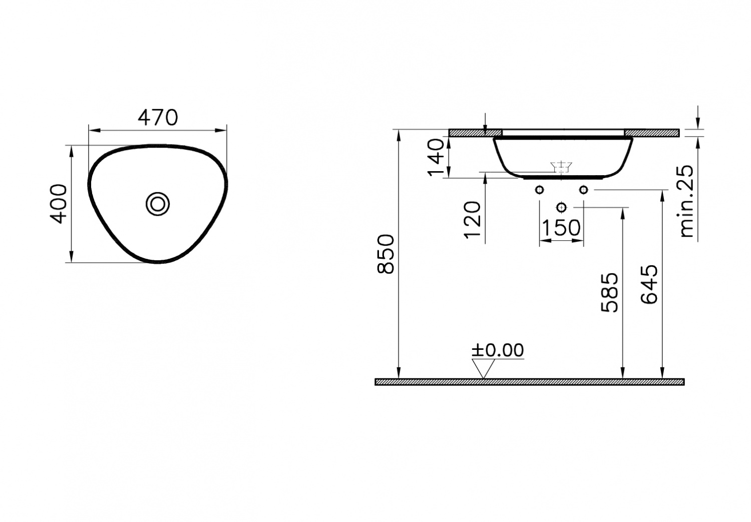 Раковина встраиваемая снизу VITRA Plural 470х400 мм 7812B403-1083 схема 2